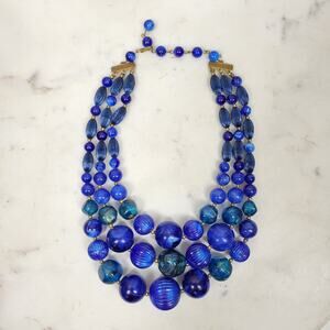 Vintage Blue Beaded Statement Choker Necklace 3 Strand Layered Hook Hand Strung